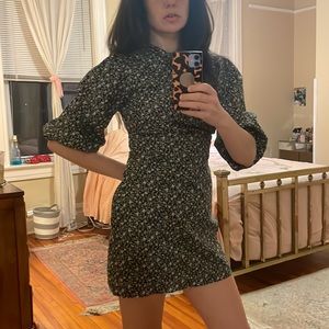 Free People Balloon-sleeve floral mini dress with high-neck and collar